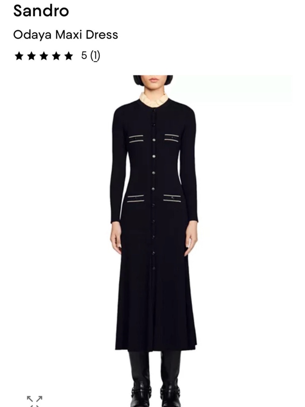 Sandro Black Ribbed Midi Dress with Cream Trim - Picture 5 of 7